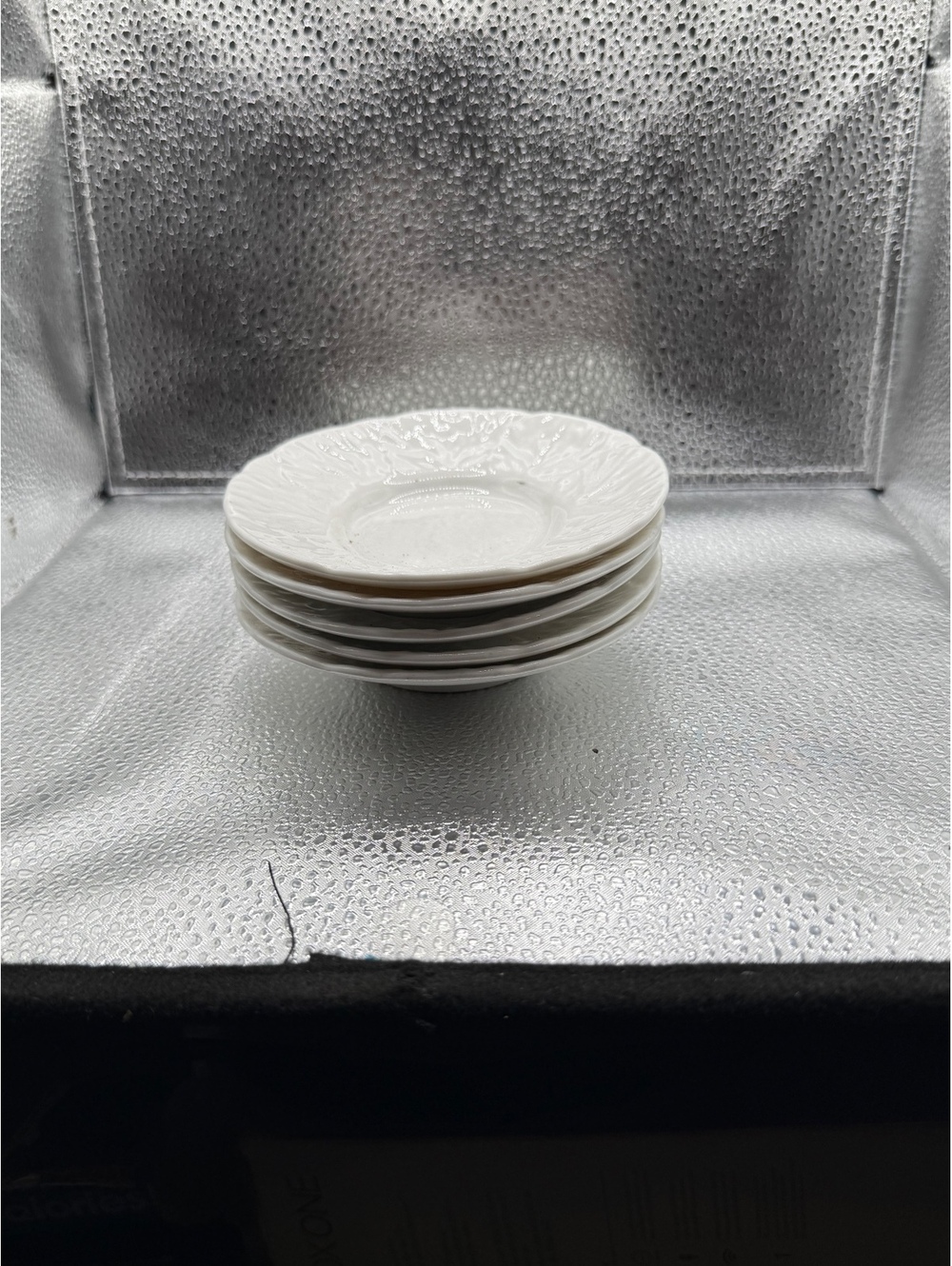 Set of 5 White Ceramic Saucer Plates with Embossed Floral Design